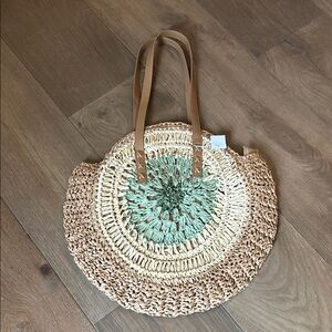 Stylish Tan and Green Woven Tote Bag